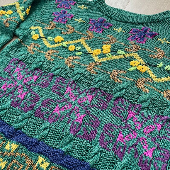 Vintage 90s Cabin Fever Sweater Women Large Hand Knitted Green Flowers Grandma - Picture 4 of 16